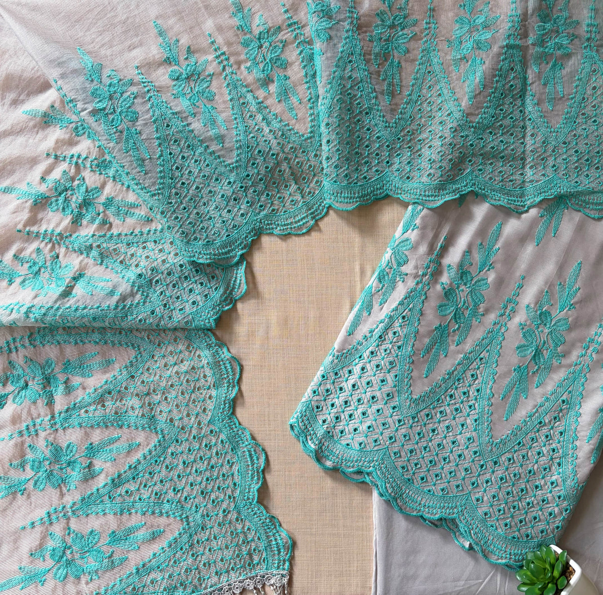 Grey with Cyan Blue Cut-Work Suit-Set