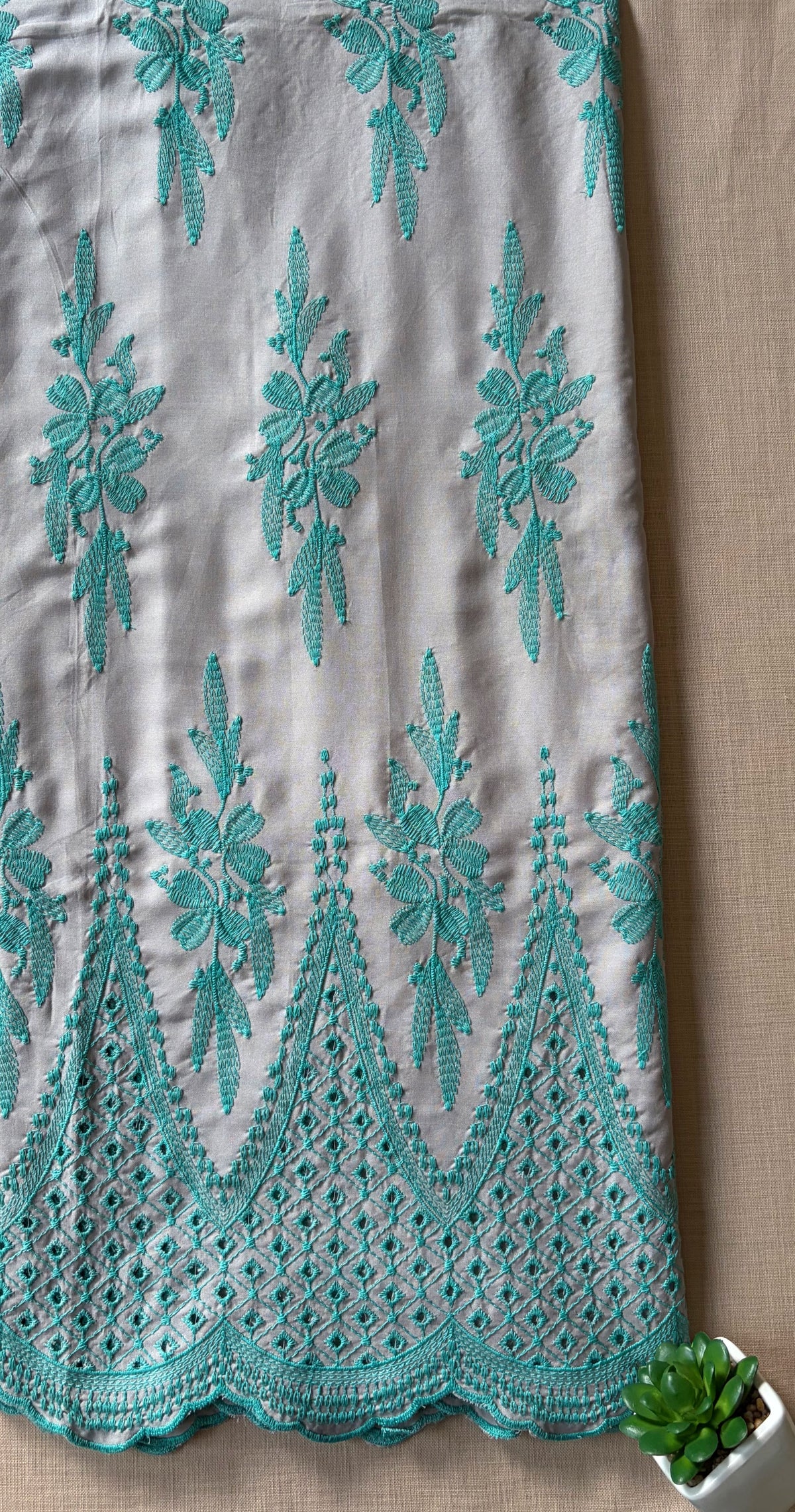 Grey with Cyan Blue Cut-Work Suit-Set