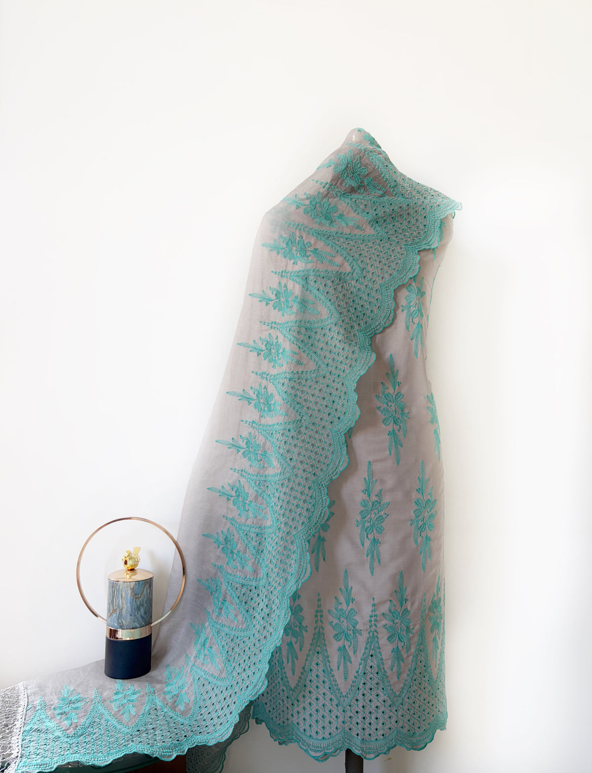 Grey with Cyan Blue Cut-Work Suit-Set