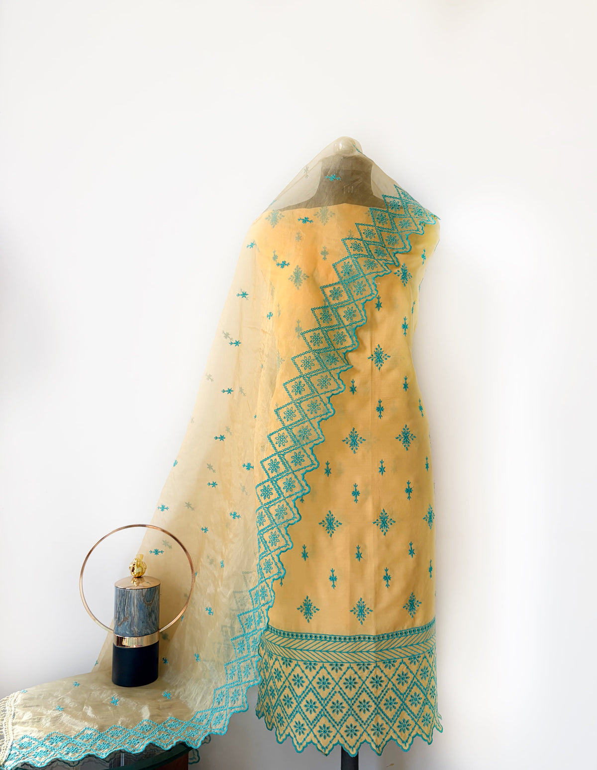 Pastel Yellow with Cyan Blue Cut-Work Suit-Set