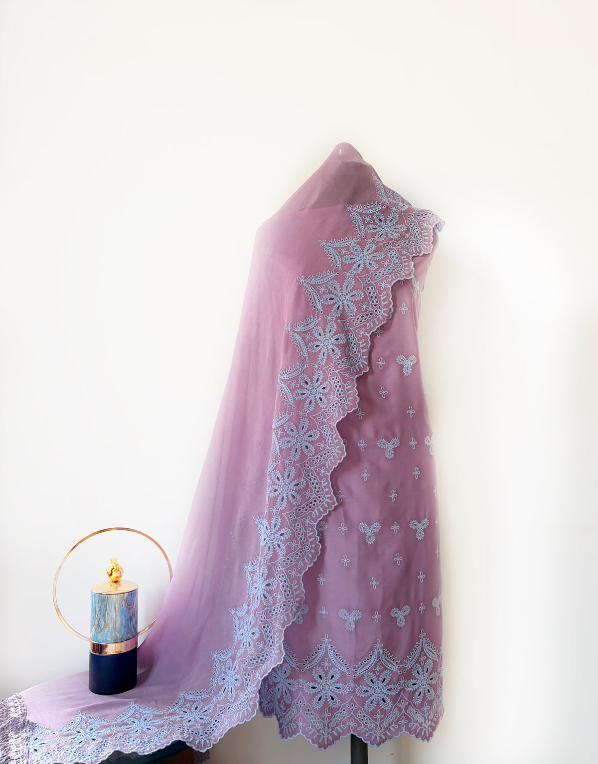 Mauve with Pastel Blue Cut-Work Suit-Set