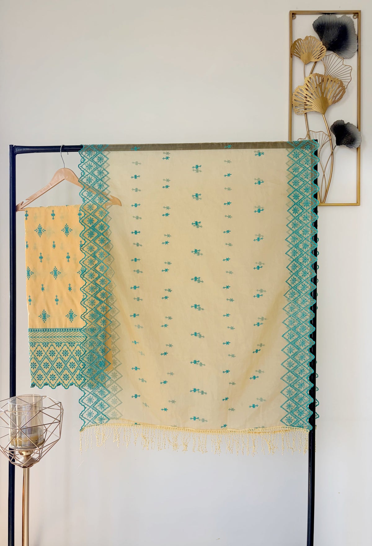 Pastel Yellow with Cyan Blue Cut-Work Suit-Set