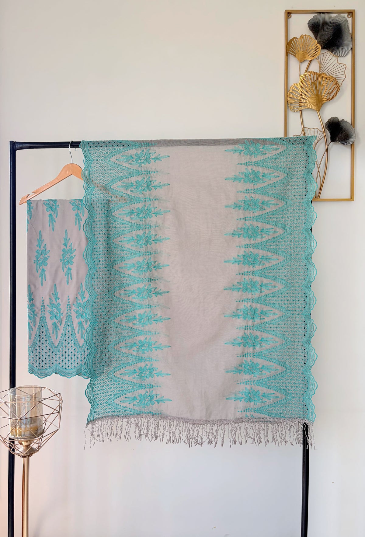 Grey with Cyan Blue Cut-Work Suit-Set