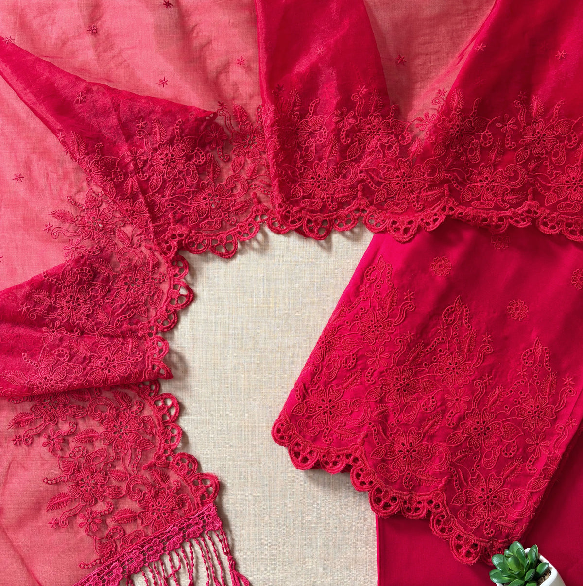 Crimson on Crimson Cut-Work Suit-Set