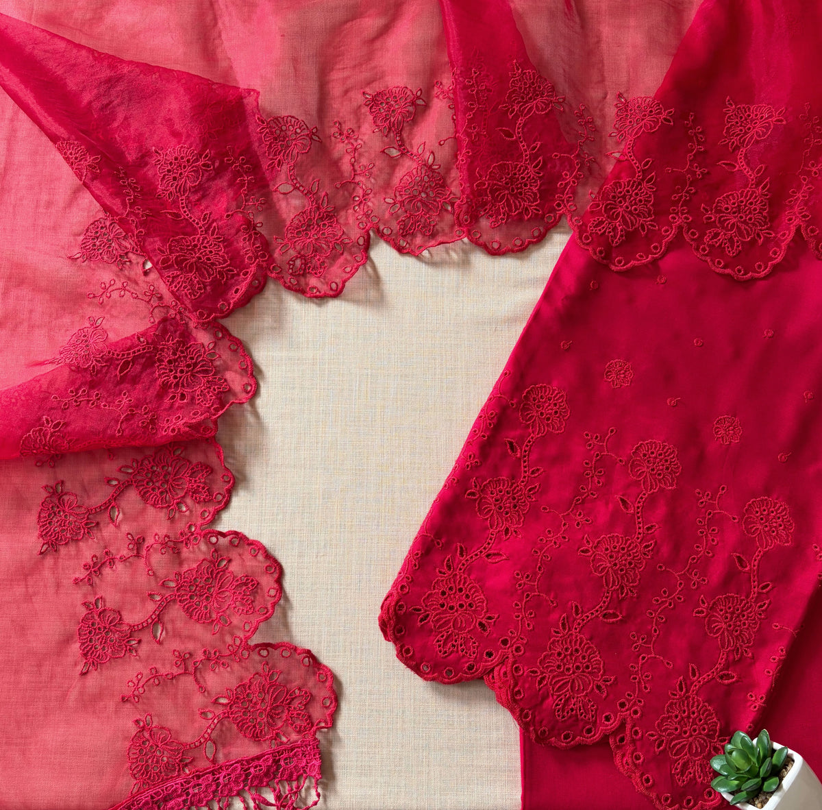 Crimson on Crimson Lily Cut-Work Suit-Set