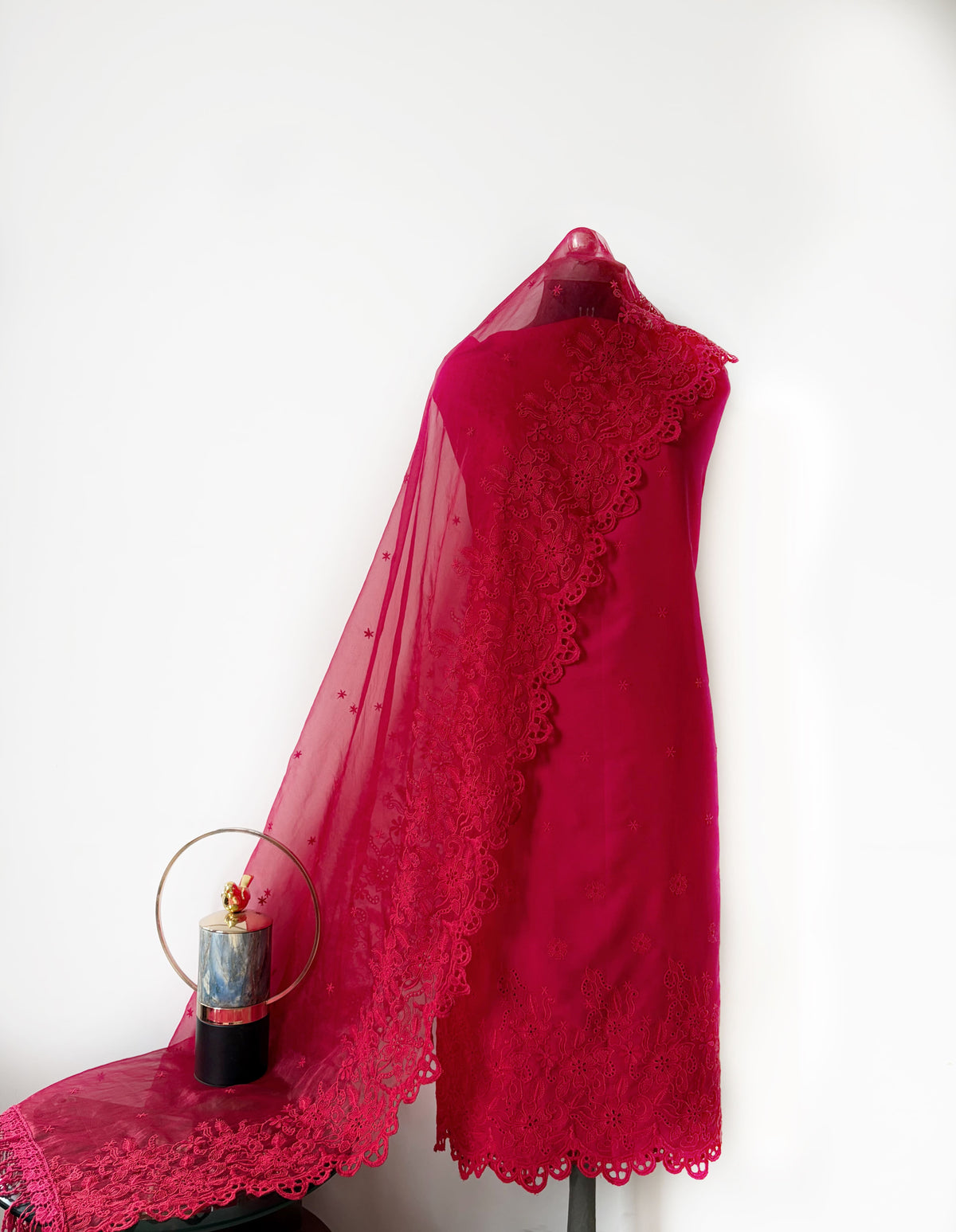 Crimson on Crimson Cut-Work Suit-Set