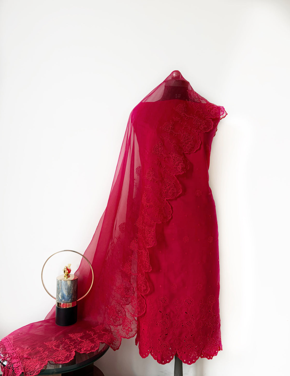 Crimson on Crimson Lily Cut-Work Suit-Set