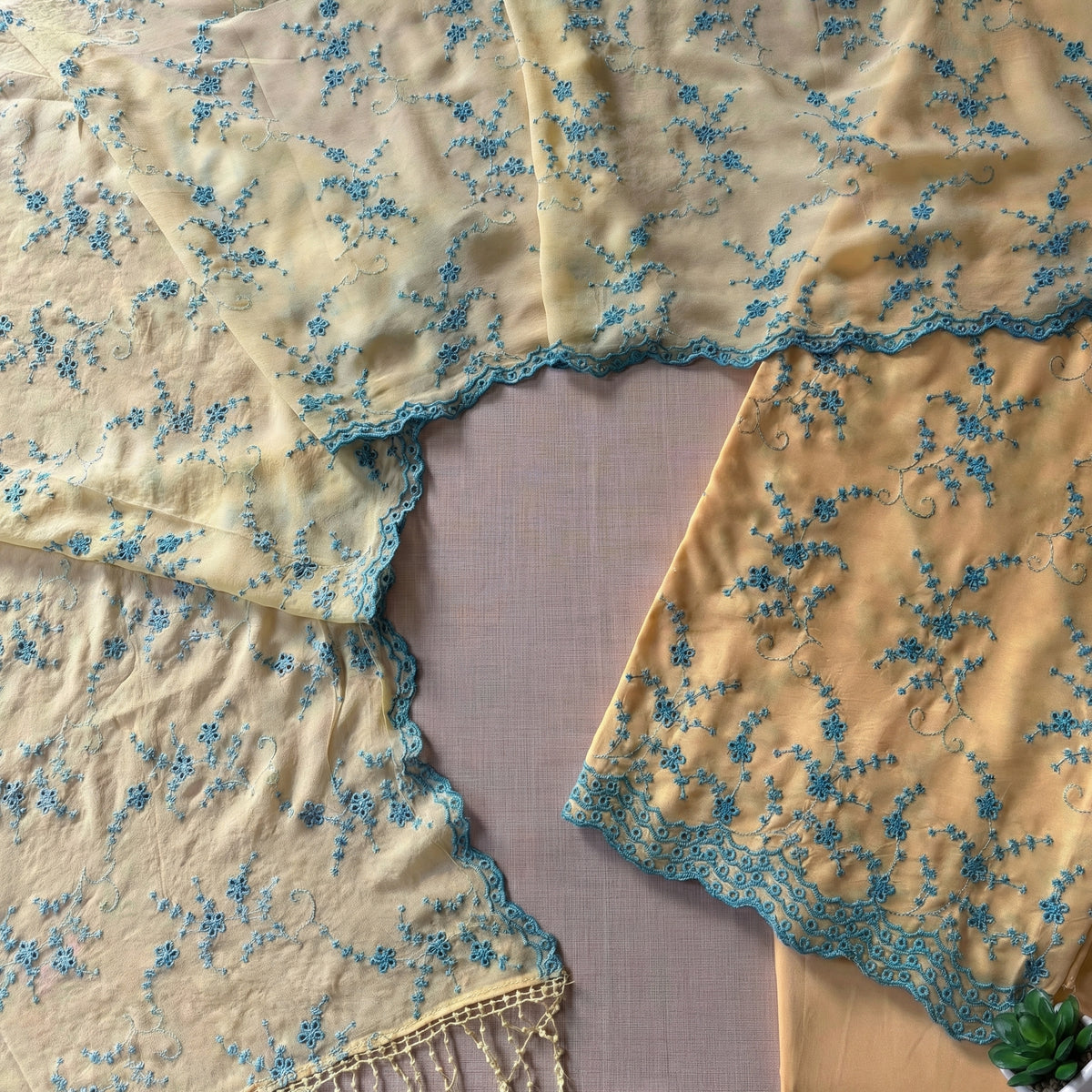 Pastel Yellow with Cyan Blue Jaal Cut-Work Suit-Set