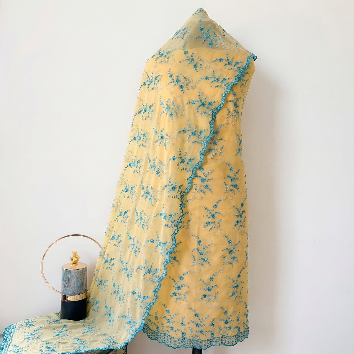 Pastel Yellow with Cyan Blue Jaal Cut-Work Suit-Set
