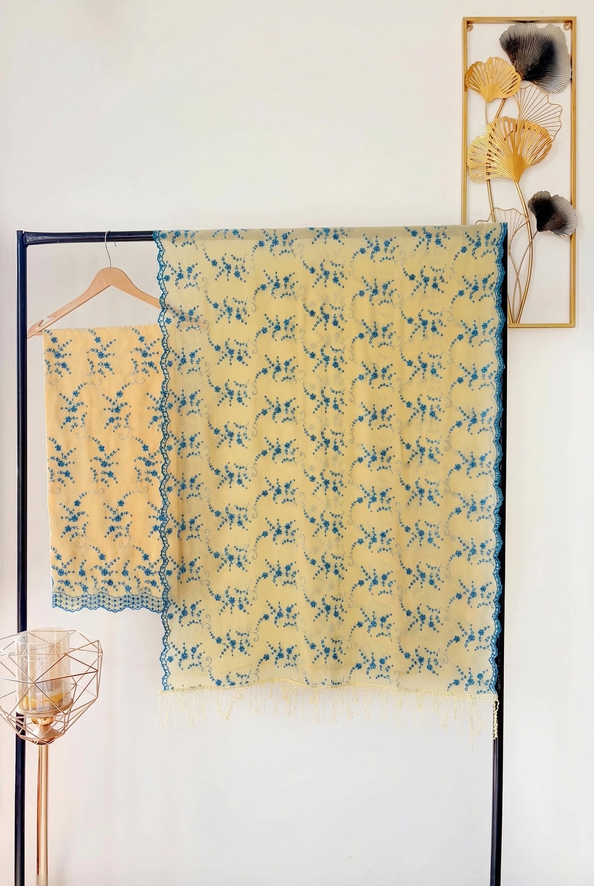 Pastel Yellow with Cyan Blue Jaal Cut-Work Suit-Set