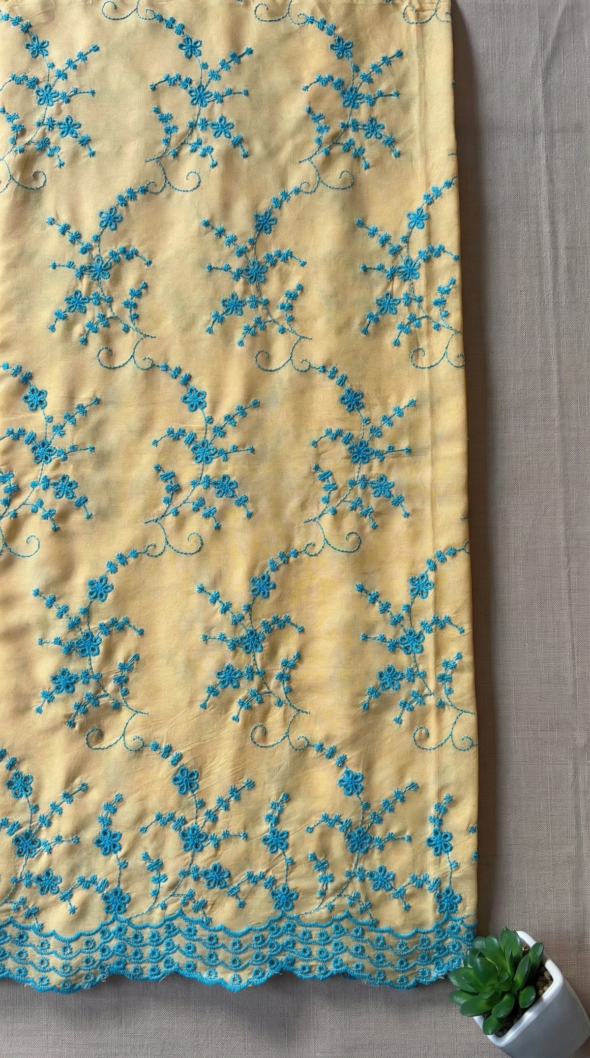 Pastel Yellow with Cyan Blue Jaal Cut-Work Suit-Set