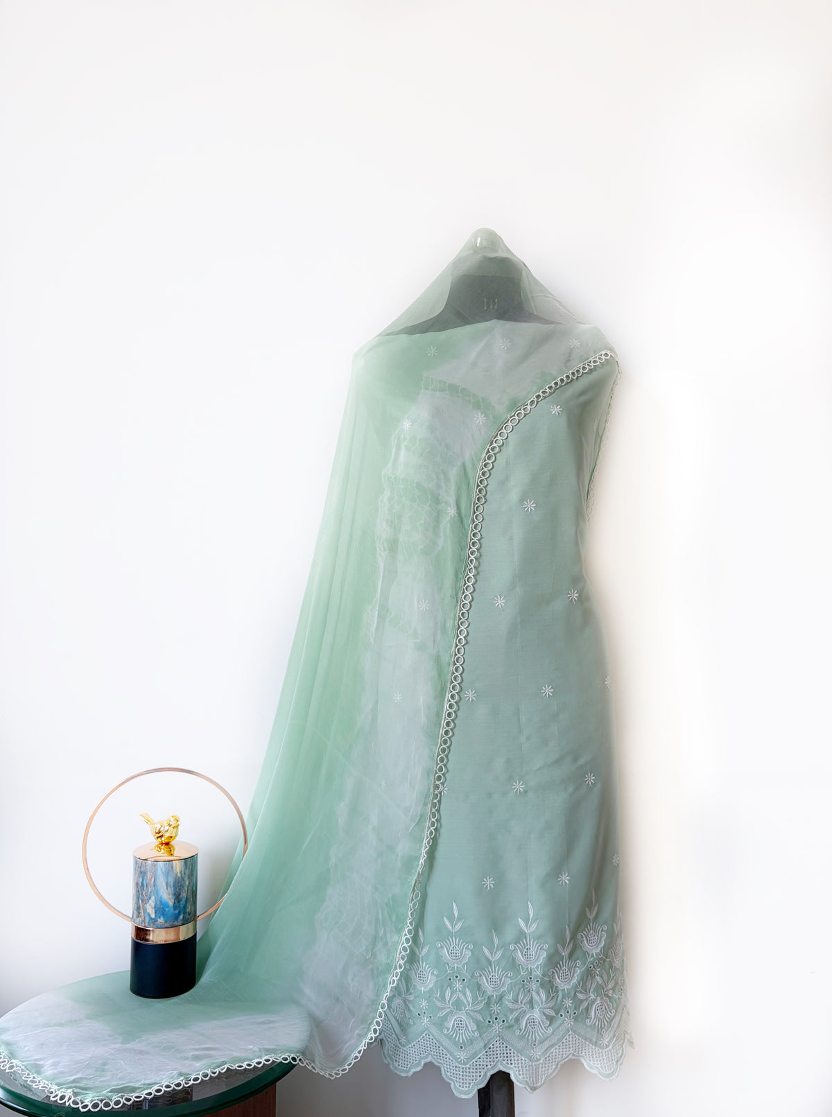 Olive Green Suit-Set with Tie & Dye Dupatta