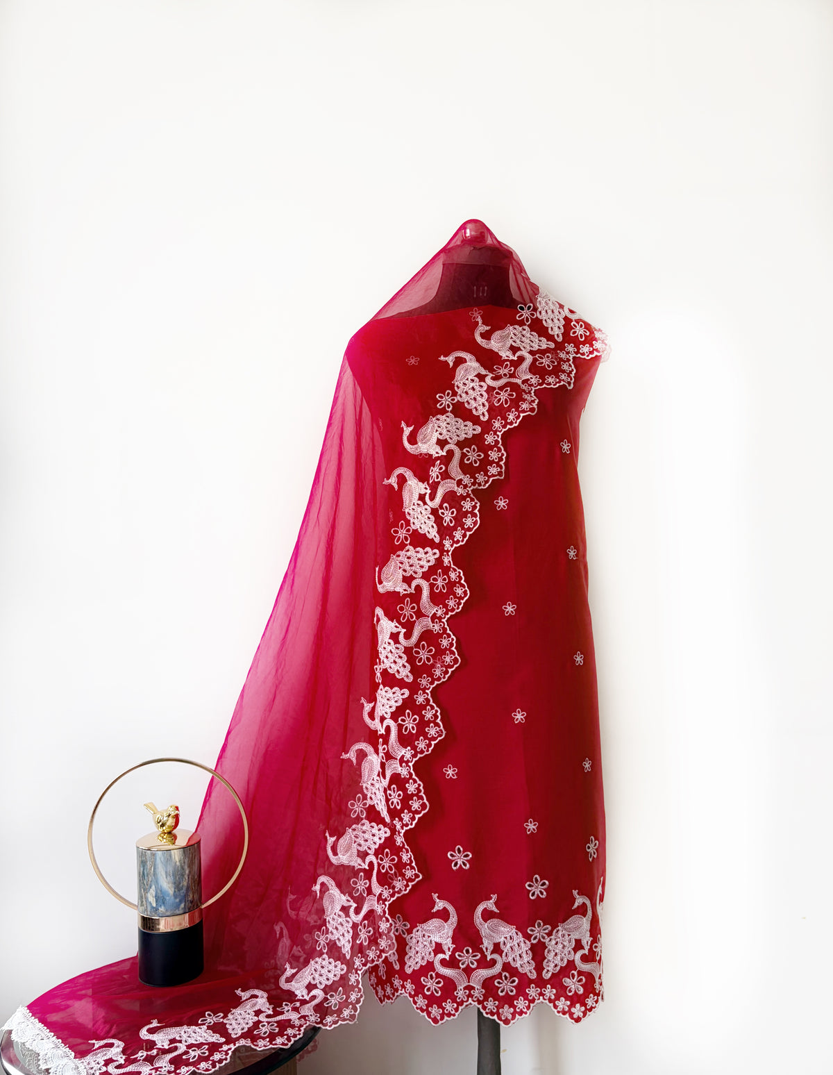 Crimson Peacock Cut-Work Suit-Set