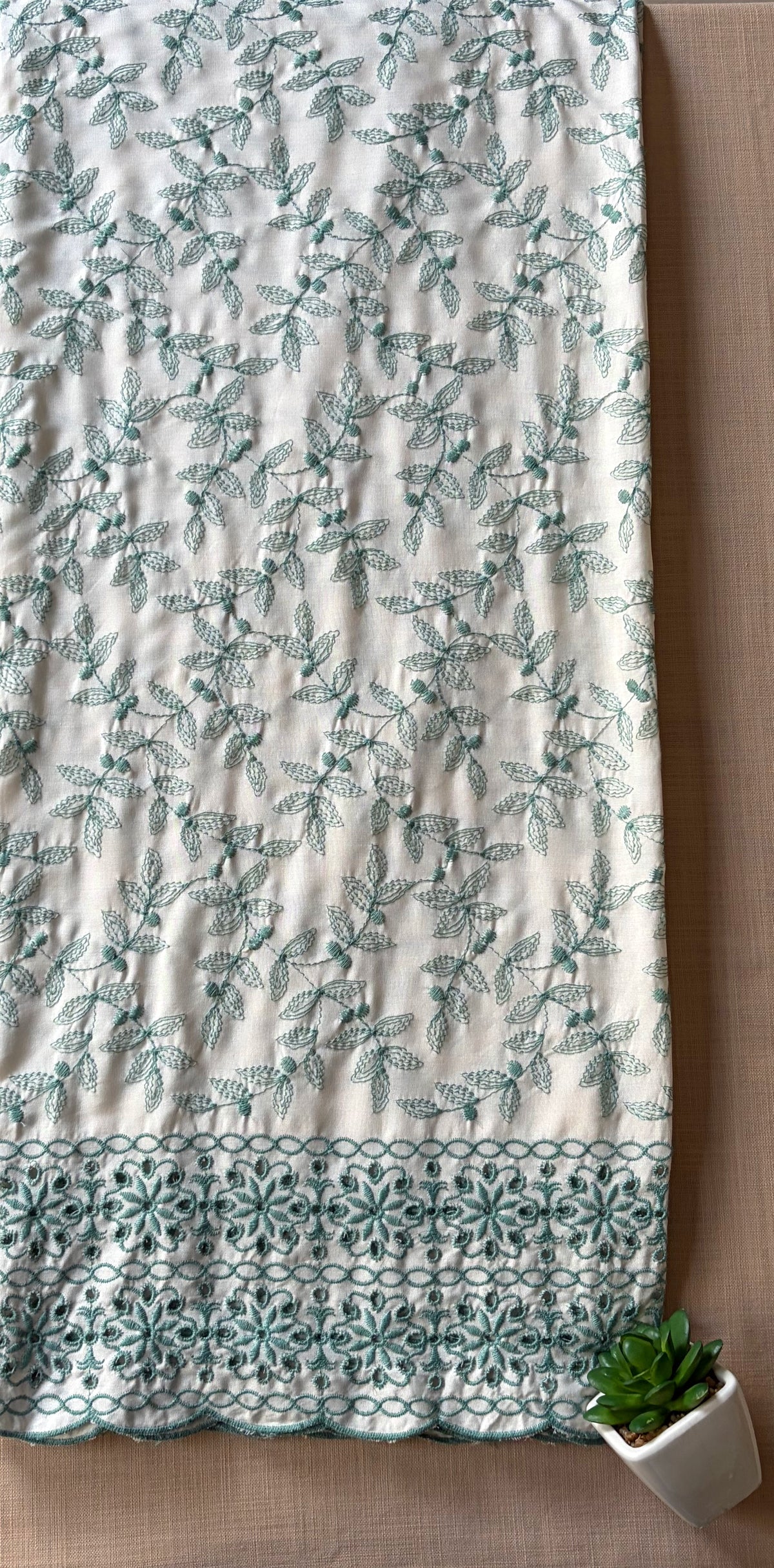White with Cyan Green Twist Cut-Work Suit-Set