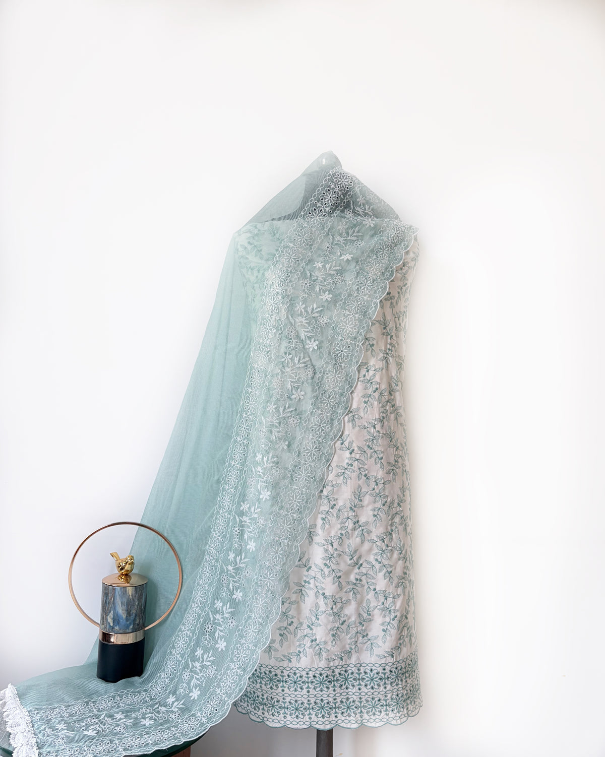 White with Cyan Green Twist Cut-Work Suit-Set