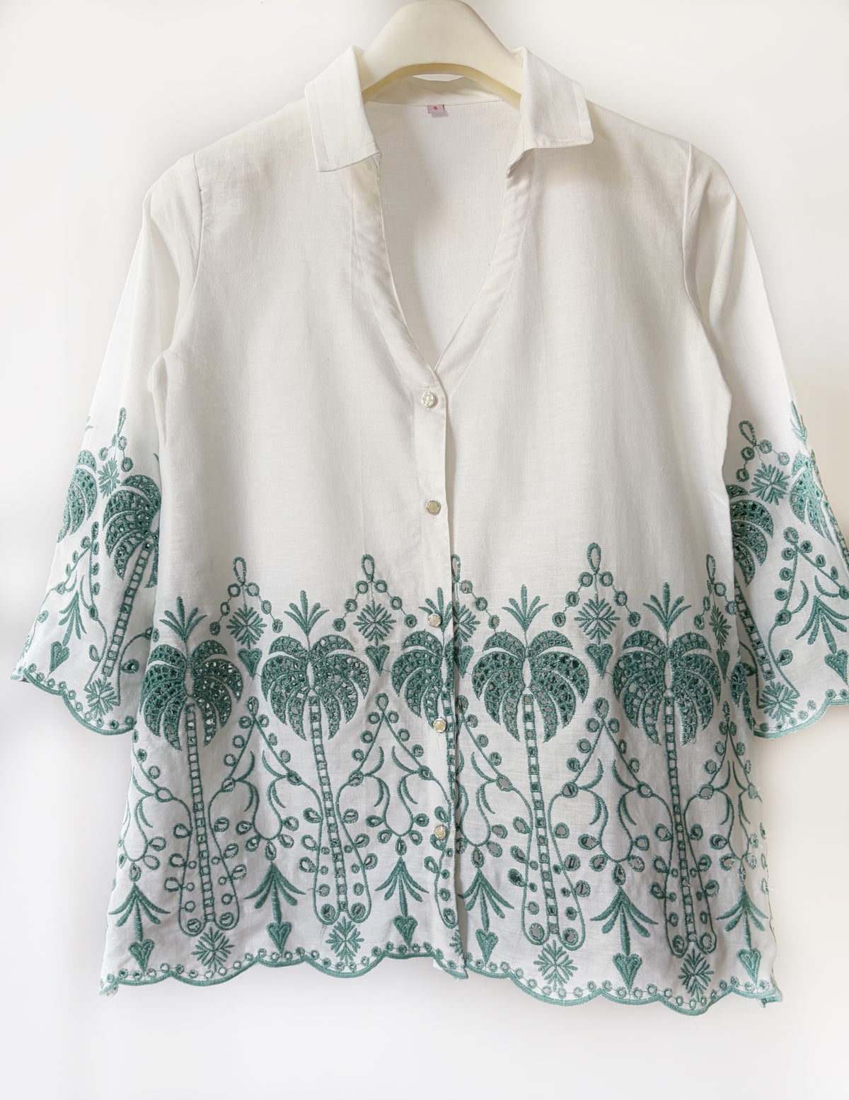 White with Cyan Green Cut-Work Top