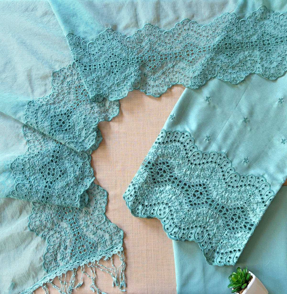 Teal Blue Cut-Work Suit-Set