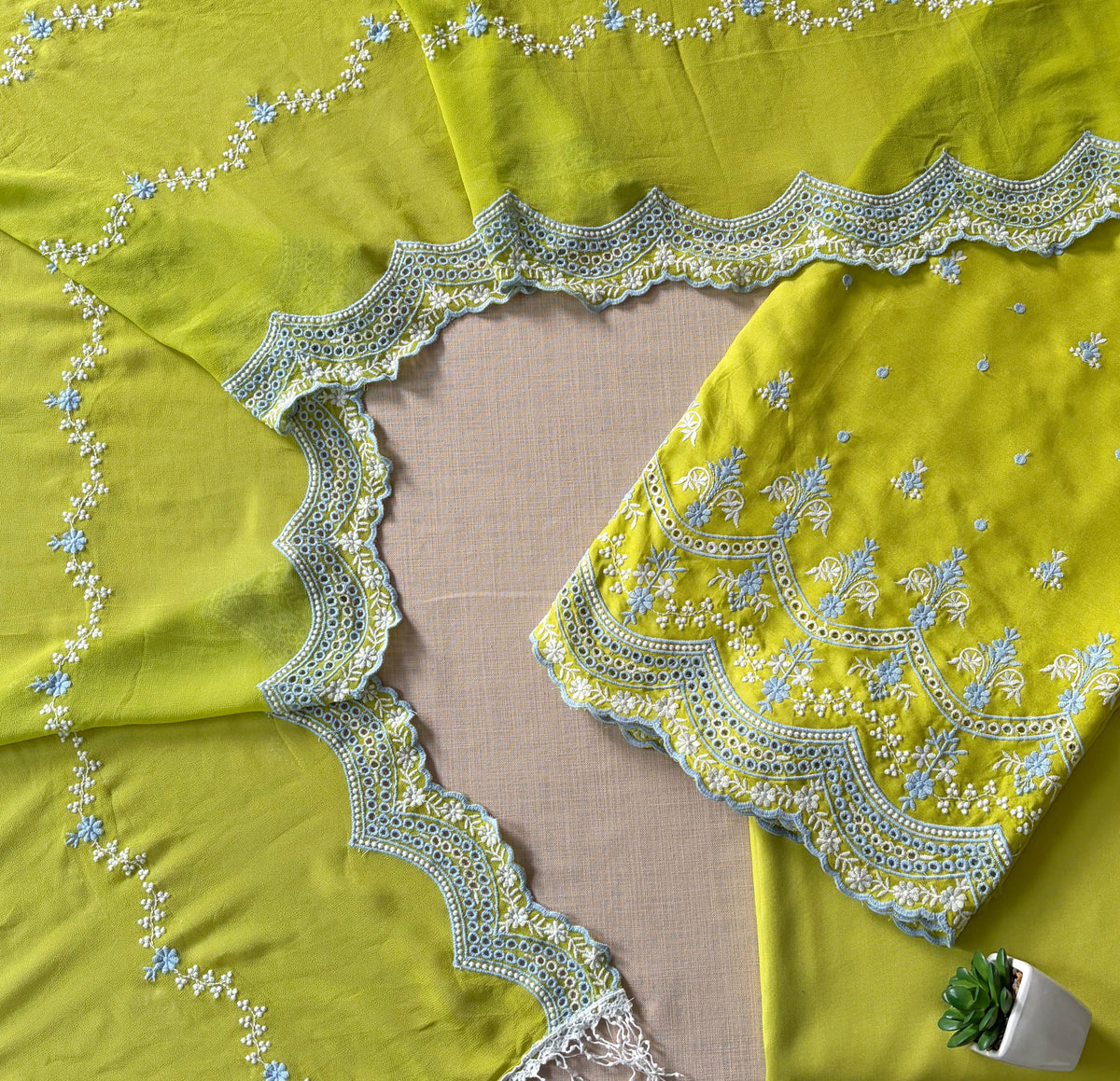 Lime Green with 2 Color Cut-Work Suit-Set