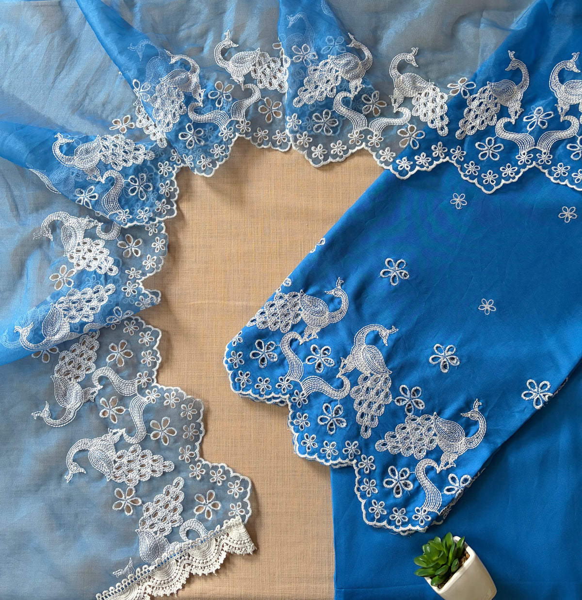 Electric Blue Peacock Cut-Work Suit-Set