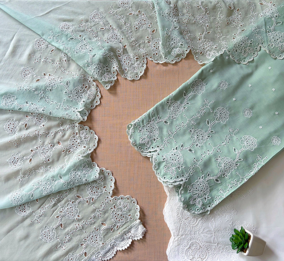 Teal Green Lily Cut-Work Suit-Set