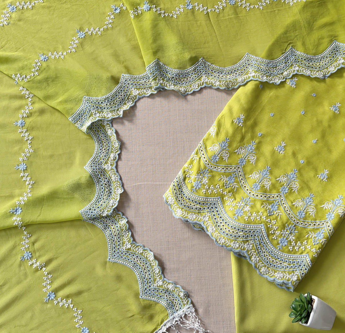 Lime Green with 2 Color Cut-Work Suit-Set