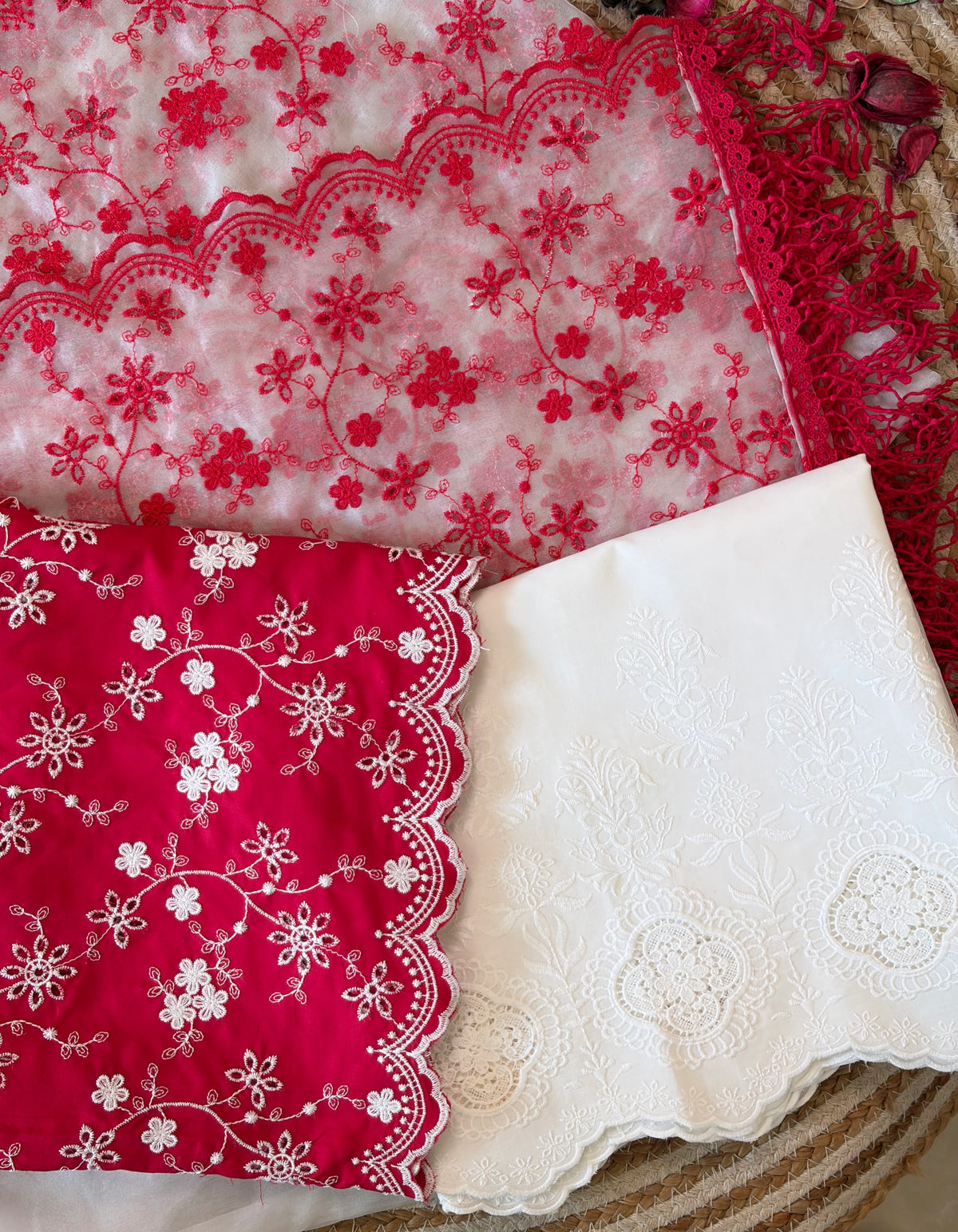 Crimson & White Twist Cut-Work Suit-Set