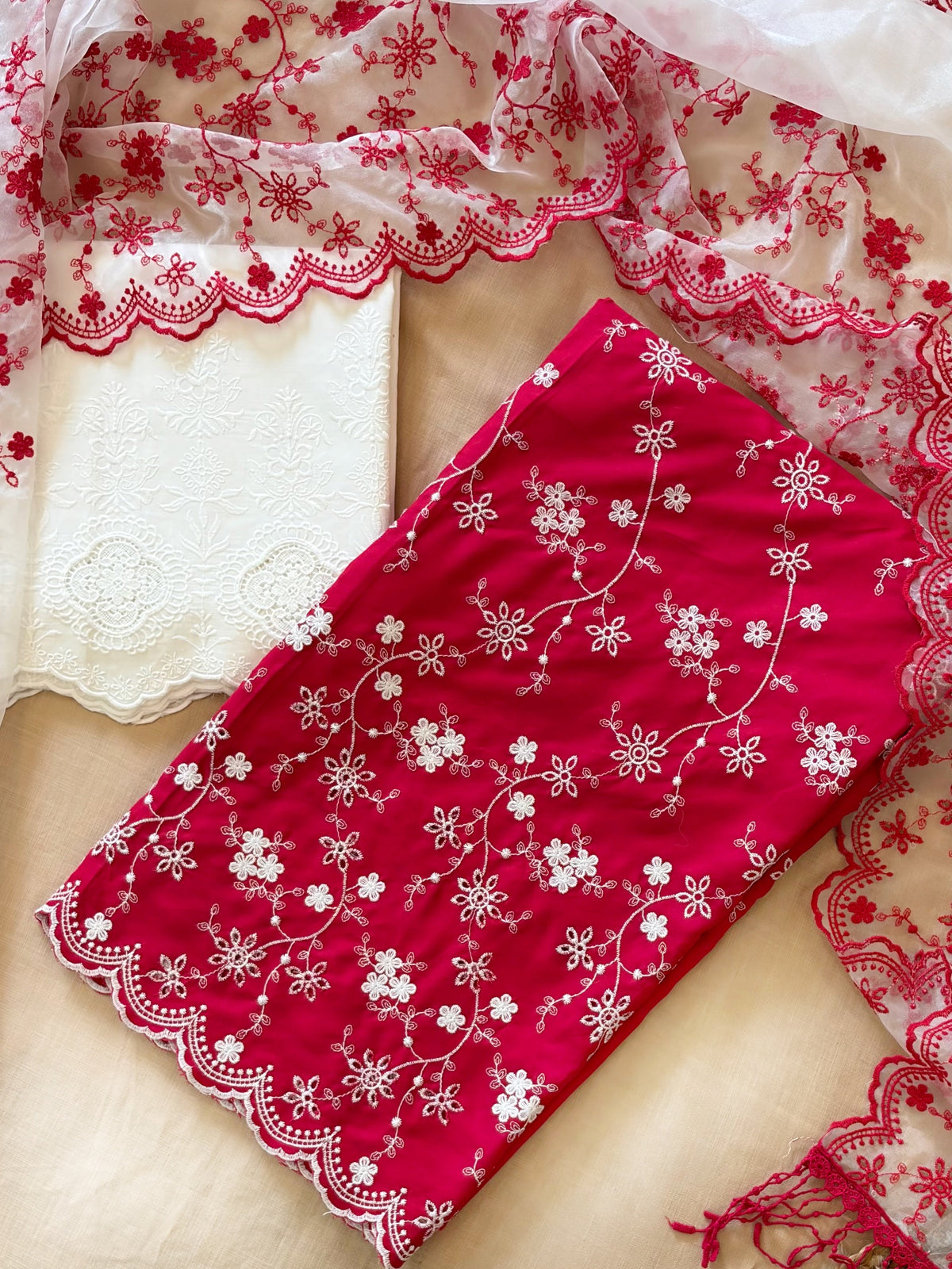 Crimson & White Twist Cut-Work Suit-Set
