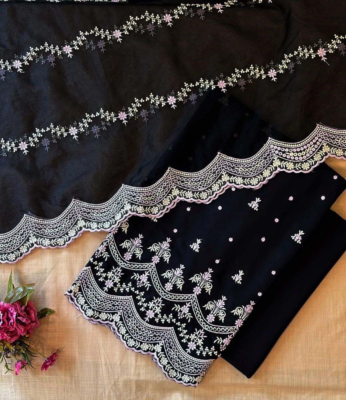 Black with White & Pink Cut-Work Suit-Set
