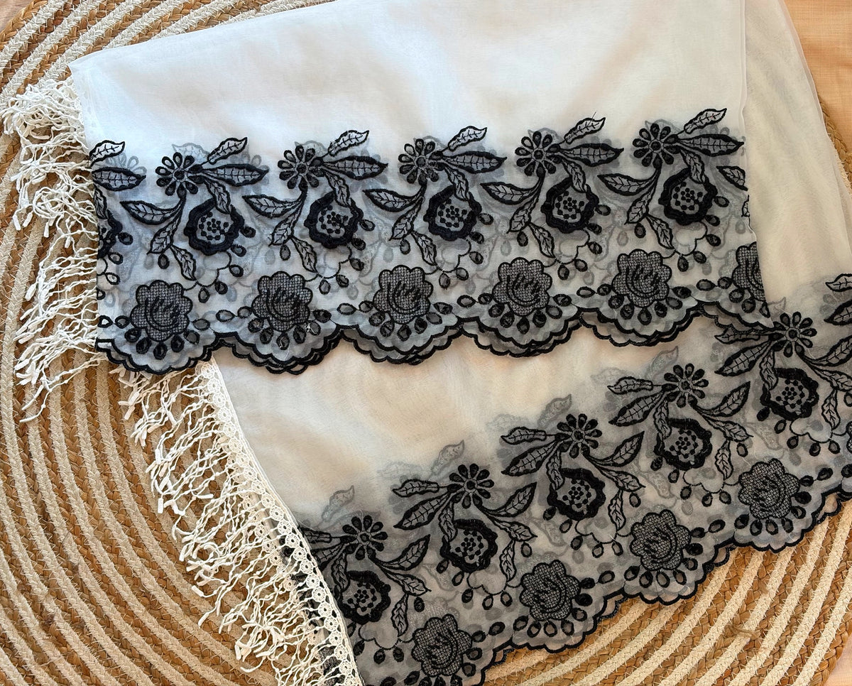 Black & White Peonies Twist Cut-Work Suit-Set