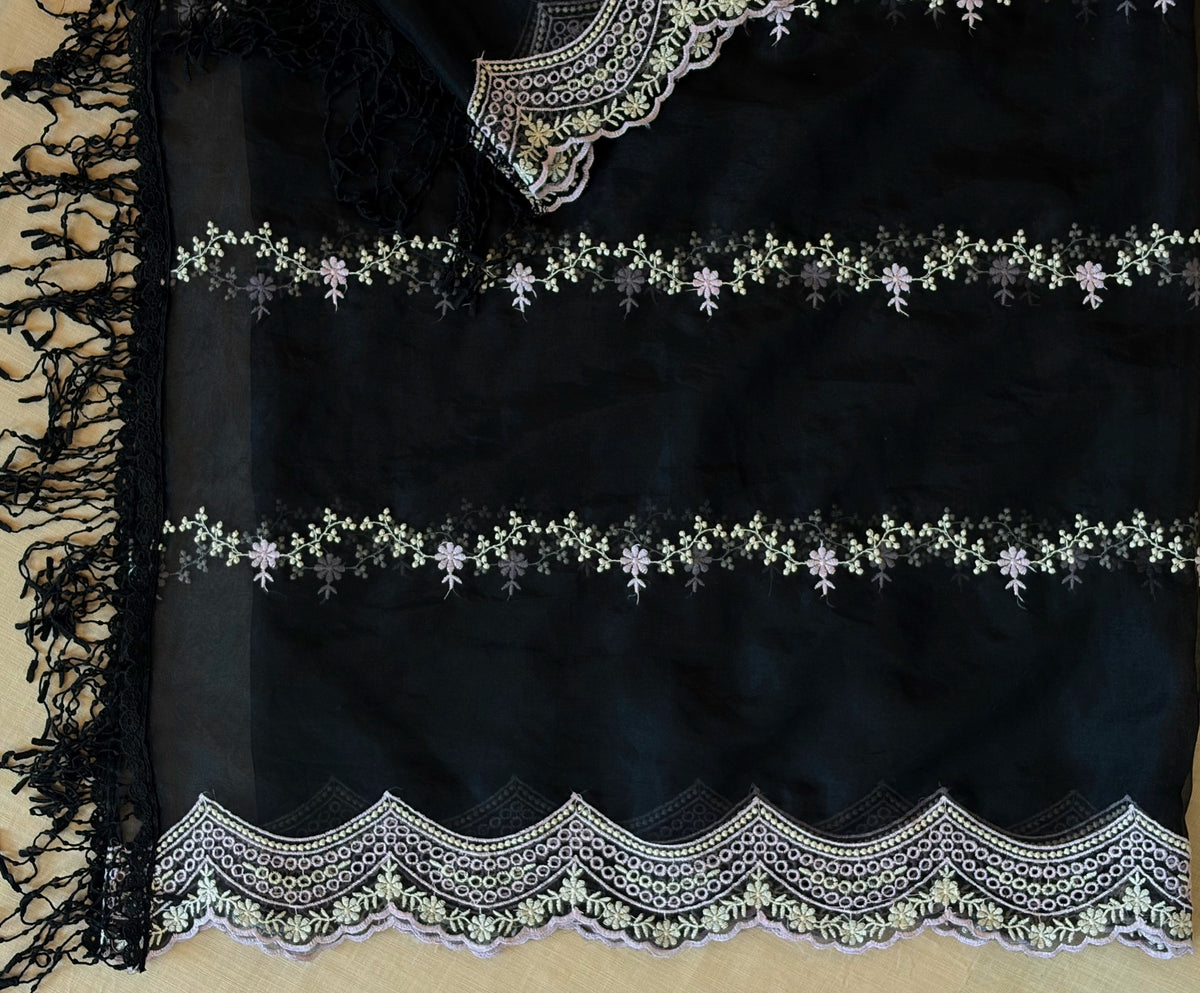 Black with White & Pink Cut-Work Suit-Set