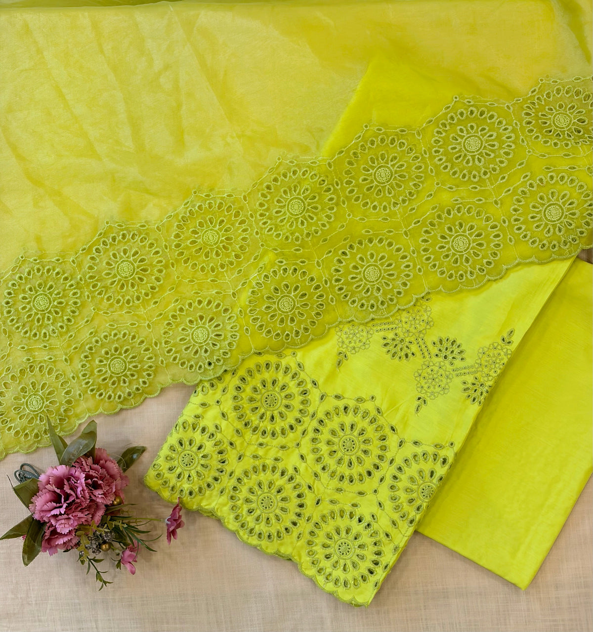 Lime Green on Lime Green Round Cut-Work Suit-Set