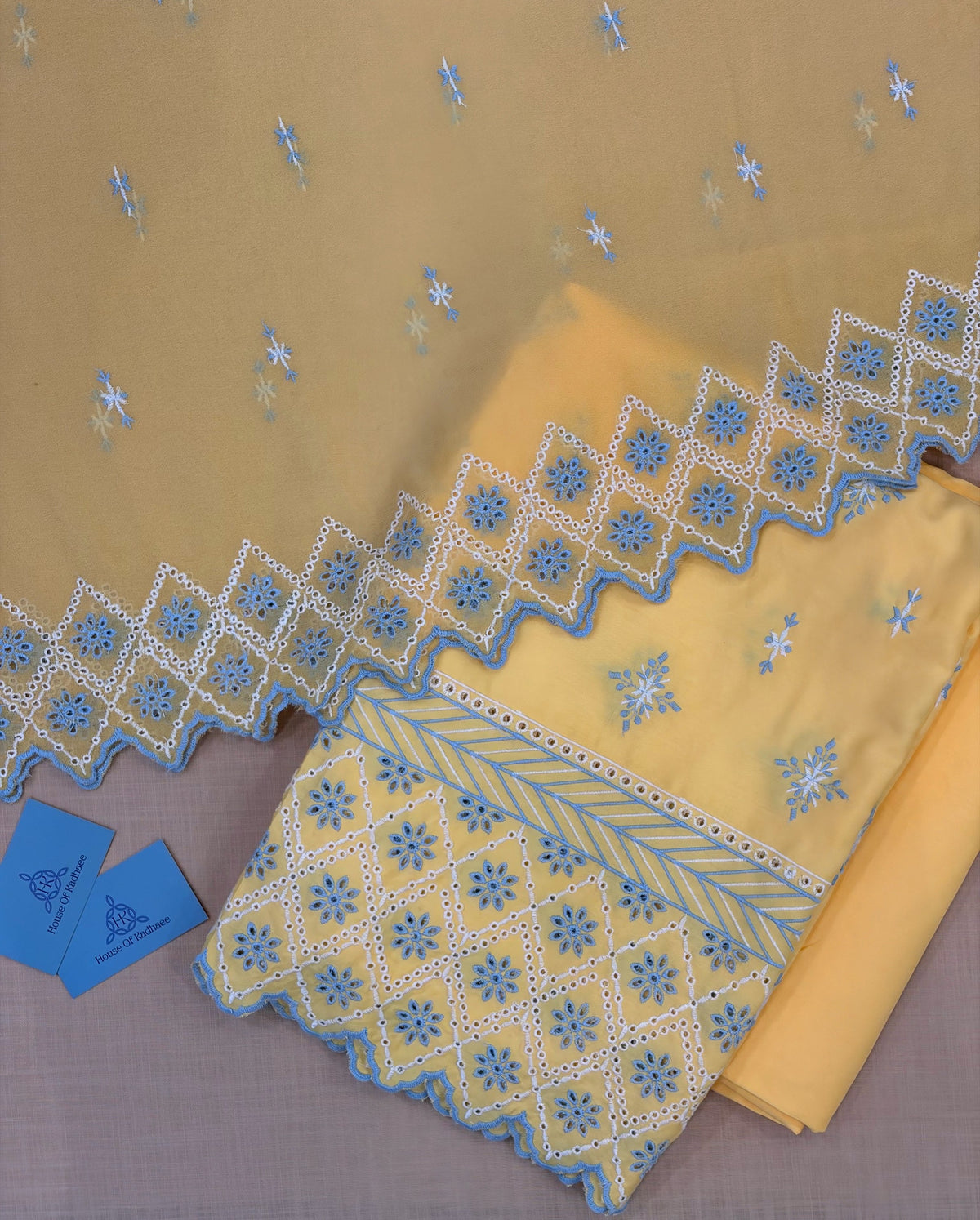Pastel Yellow with Blue & White Cut-Work Suit-Set