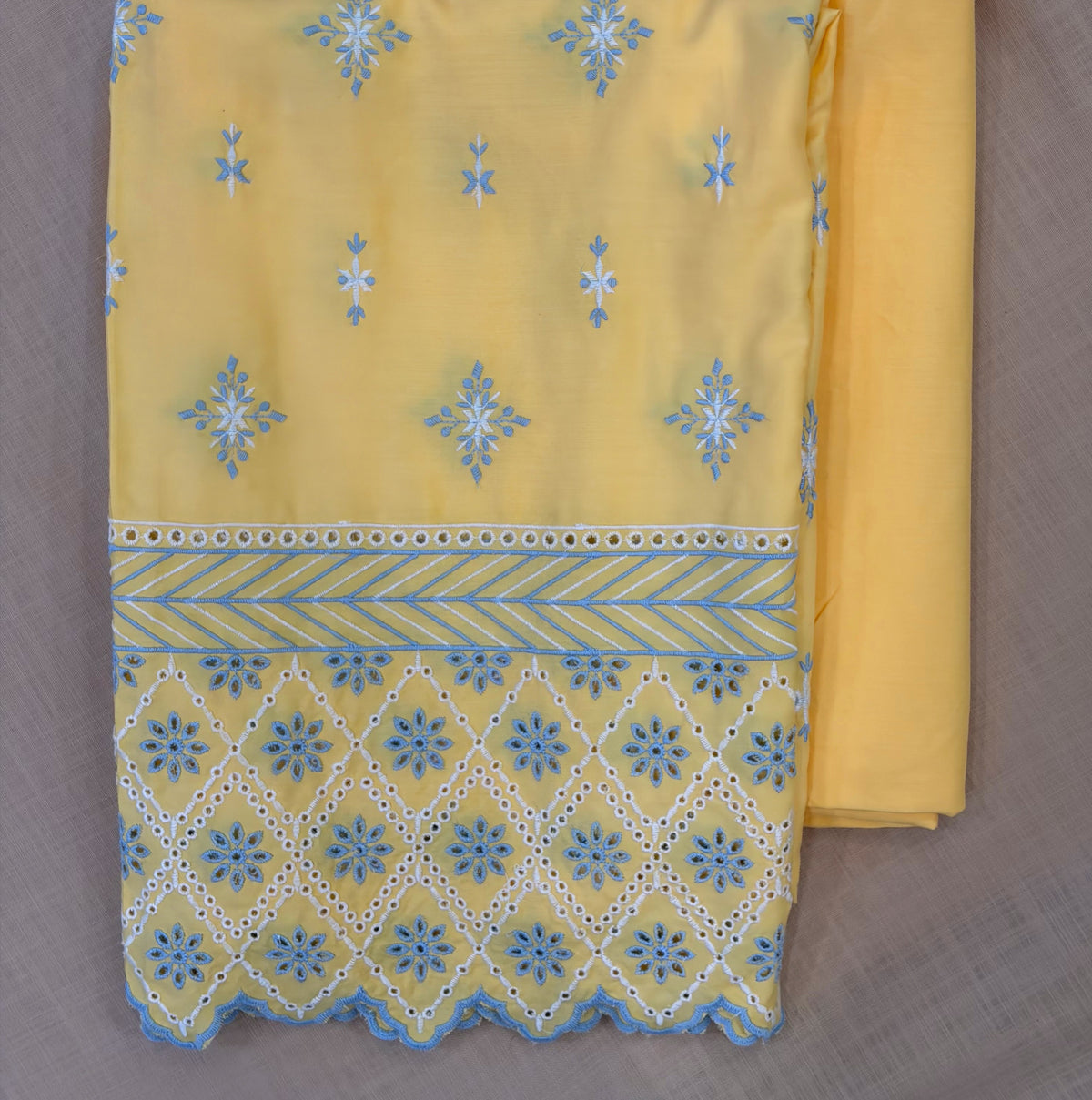 Pastel Yellow with Blue & White Cut-Work Suit-Set