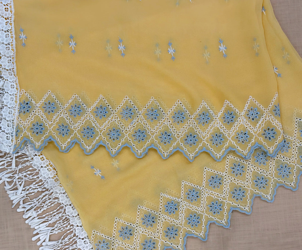 Pastel Yellow with Blue & White Cut-Work Suit-Set