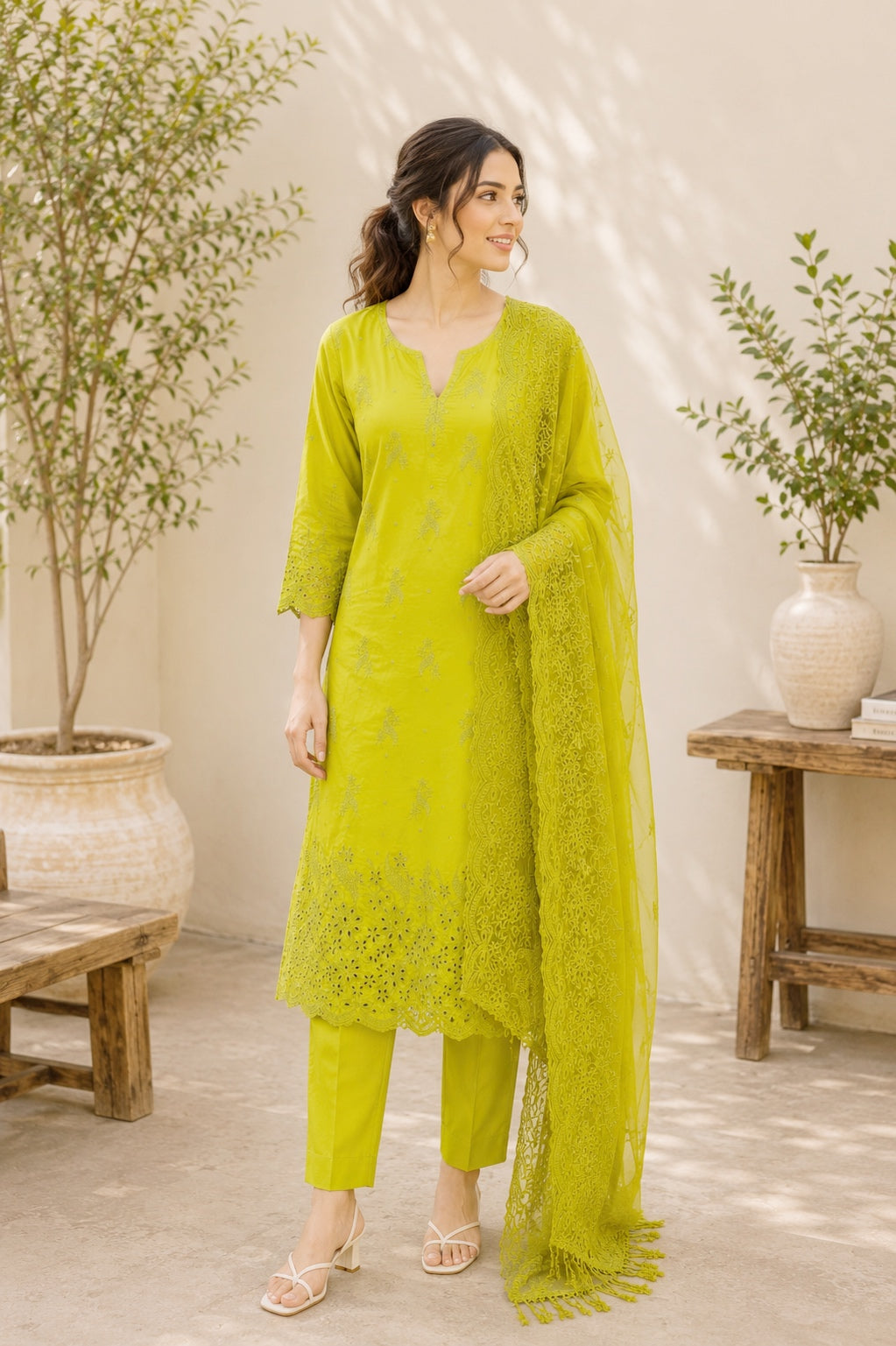 Lime Green on Lime Green Cut-Work Suit-Set