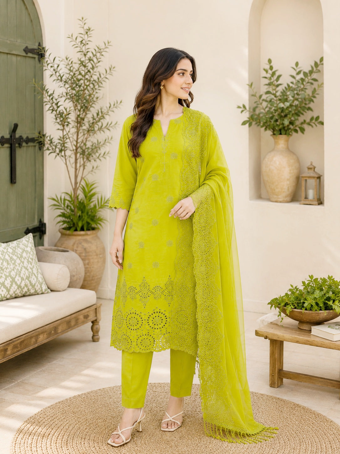 Lime Green on Lime Green Round Cut-Work Suit-Set