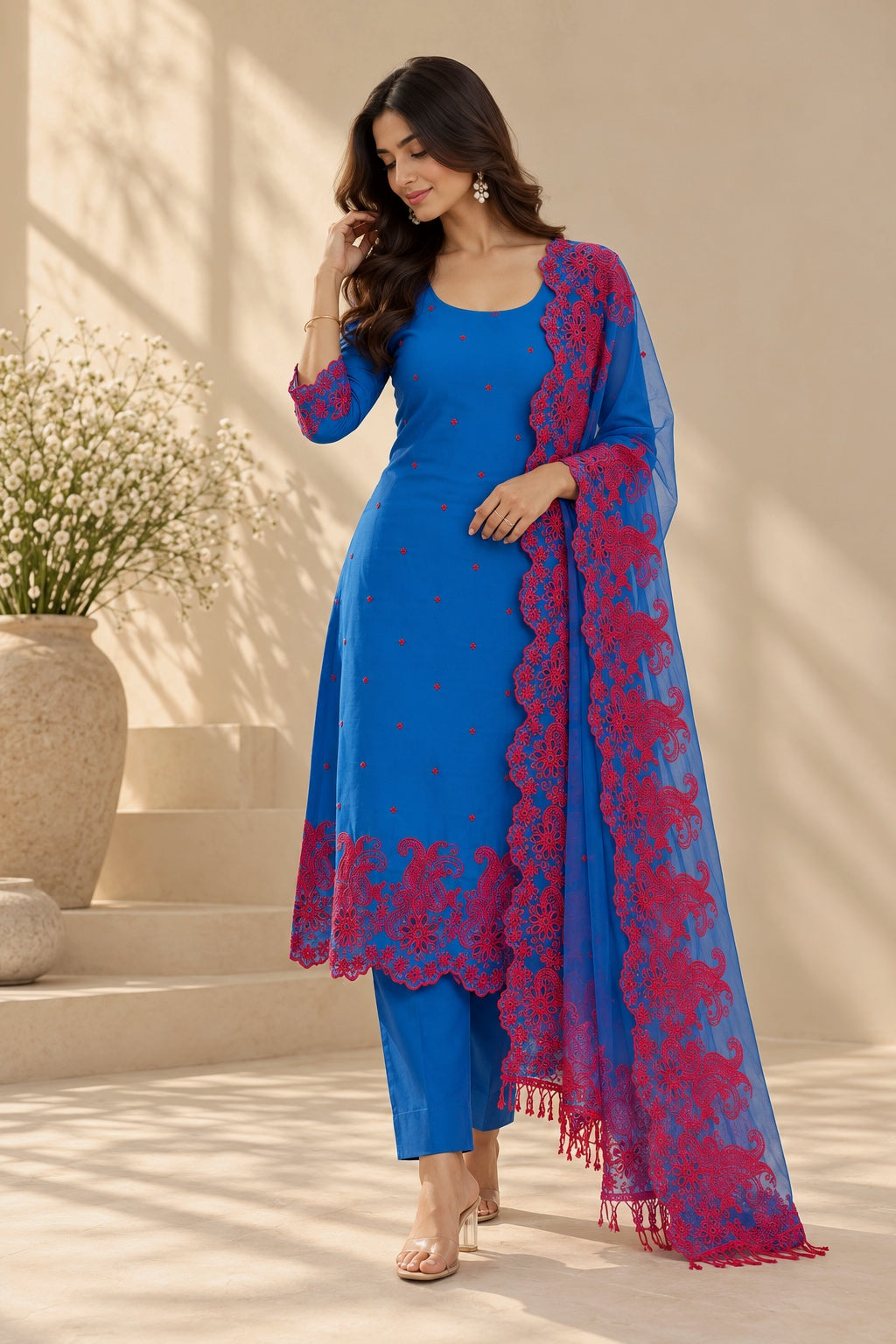 Electric Blue with Red Cut-Work Suit-Set