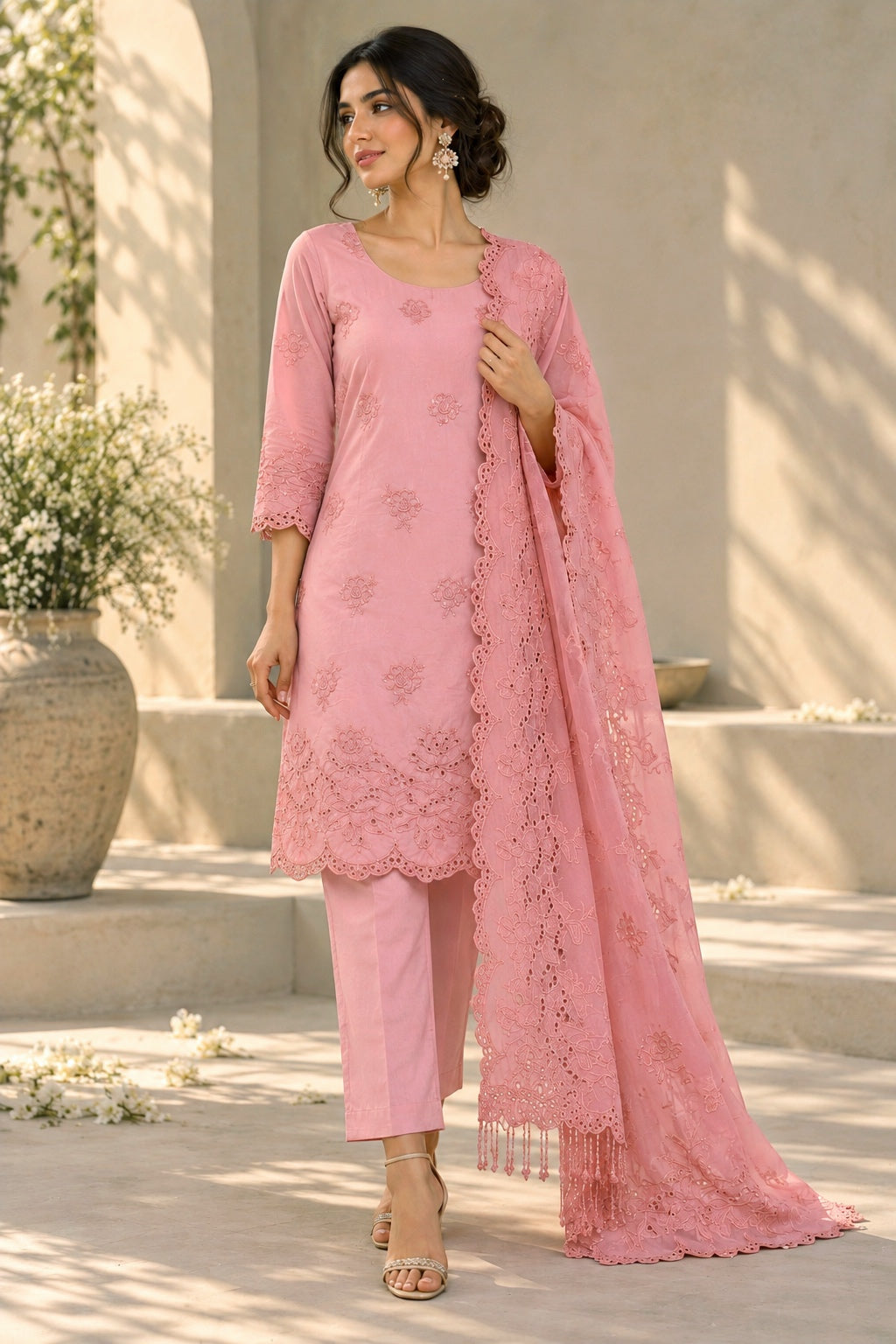 Powder Pink Roses Cut-Work Suit-Set