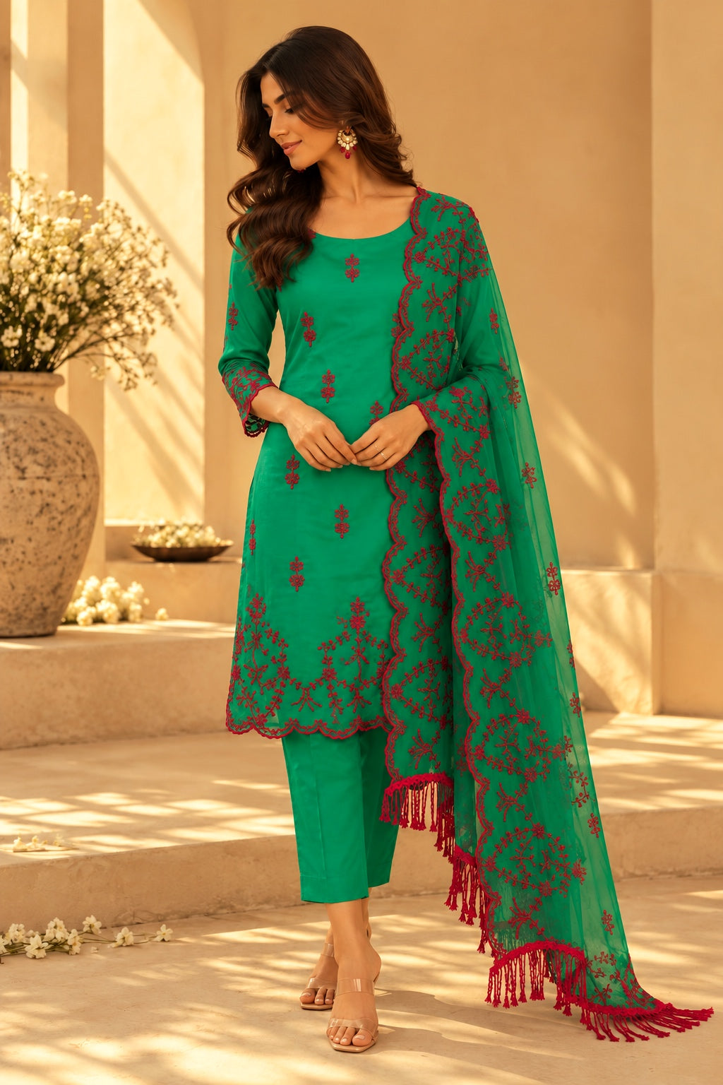 Emerald Green with Red Cut-Work Suit-Set