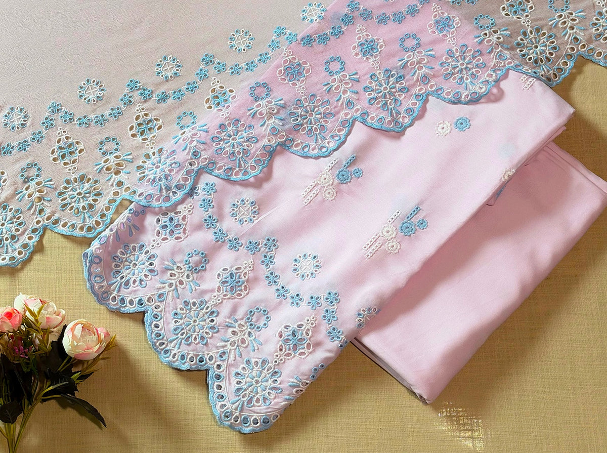 Pastel Pink with Blue Cut-Work Suit-Set