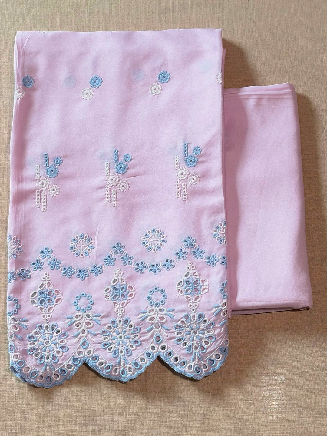Pastel Pink with Blue Cut-Work Suit-Set