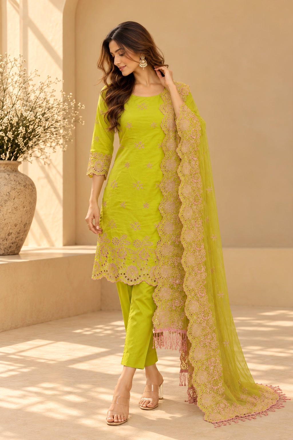 Lime Green with Pink Peonies Cut-Work Suit-Set