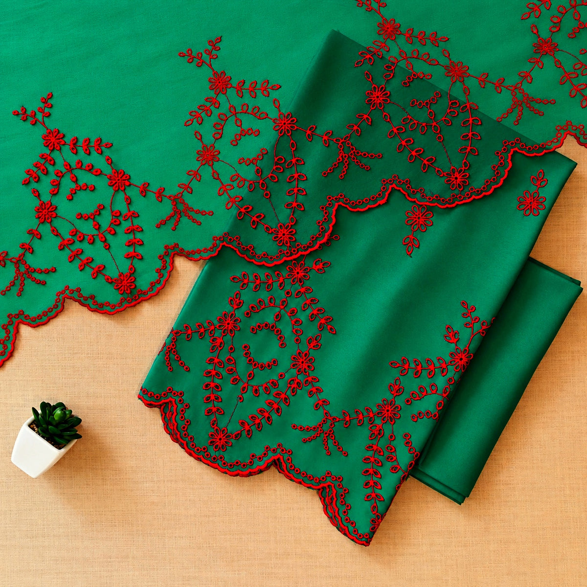 Emerald Green with Red Cut-Work Suit-Set