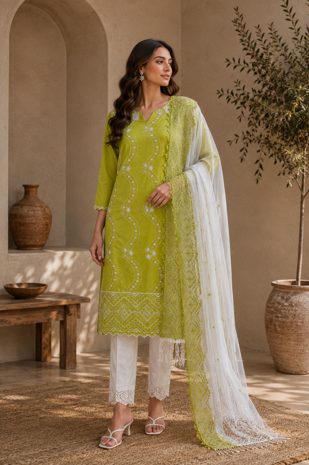 Lime Green Twist Cut-Work Suit-Set