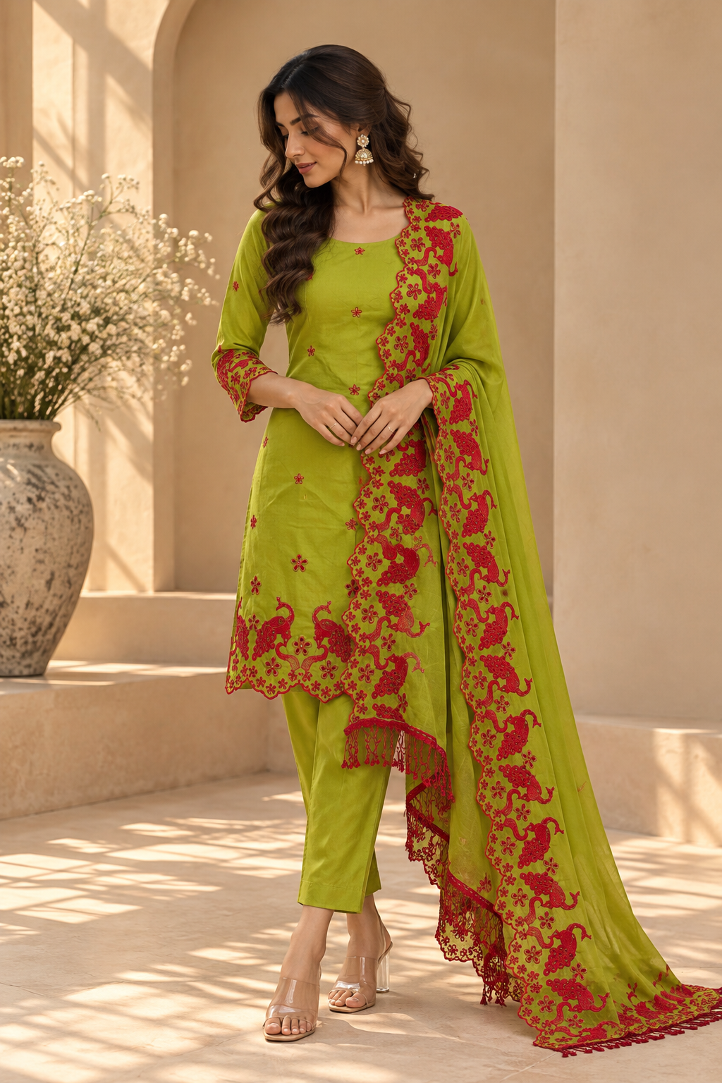 Mehendi with Red Peacocks Cut-Work Suit-Set