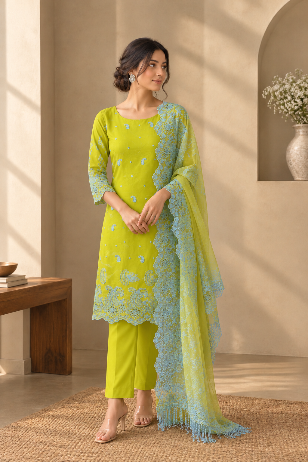 Lime Green with Pastel Blue Cut-Work Suit-Set