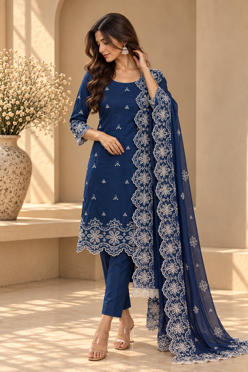 Midnight Blue Cut-Work Suit-Set