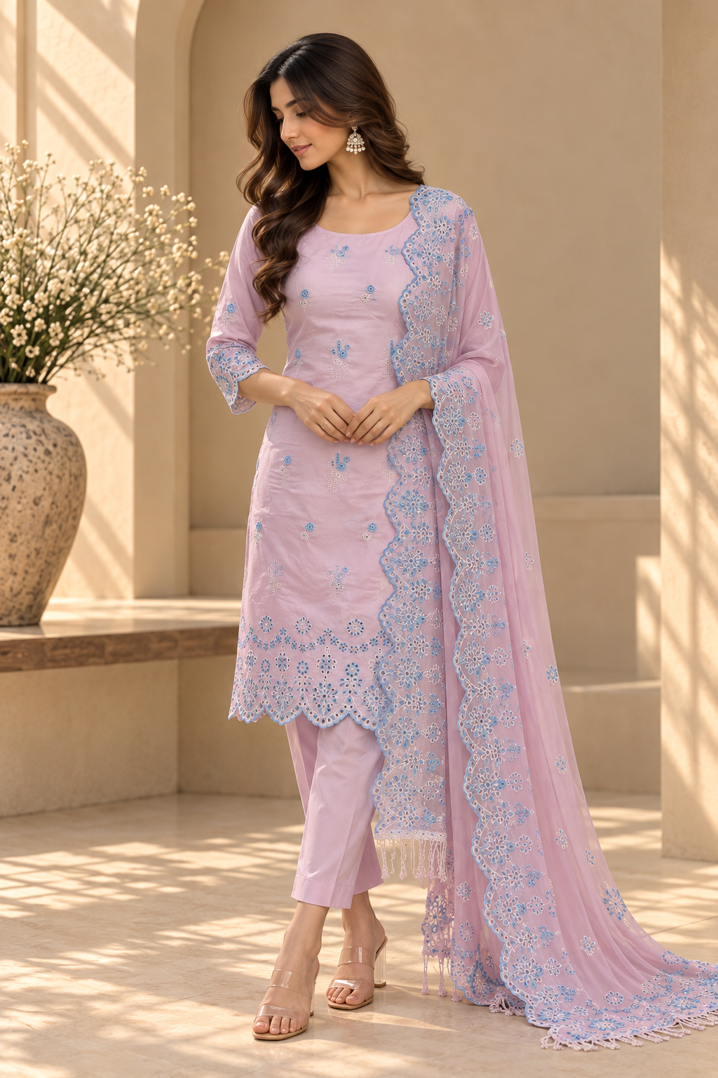 Pastel Pink with Blue Cut-Work Suit-Set