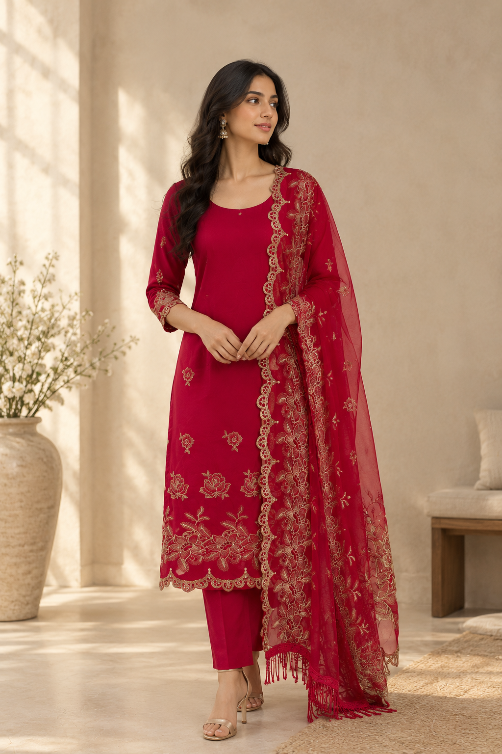 Scarlet Red & Zari Cut-Work Suit-Set