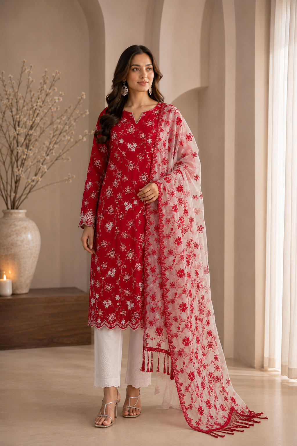 Crimson & White Twist Cut-Work Suit-Set